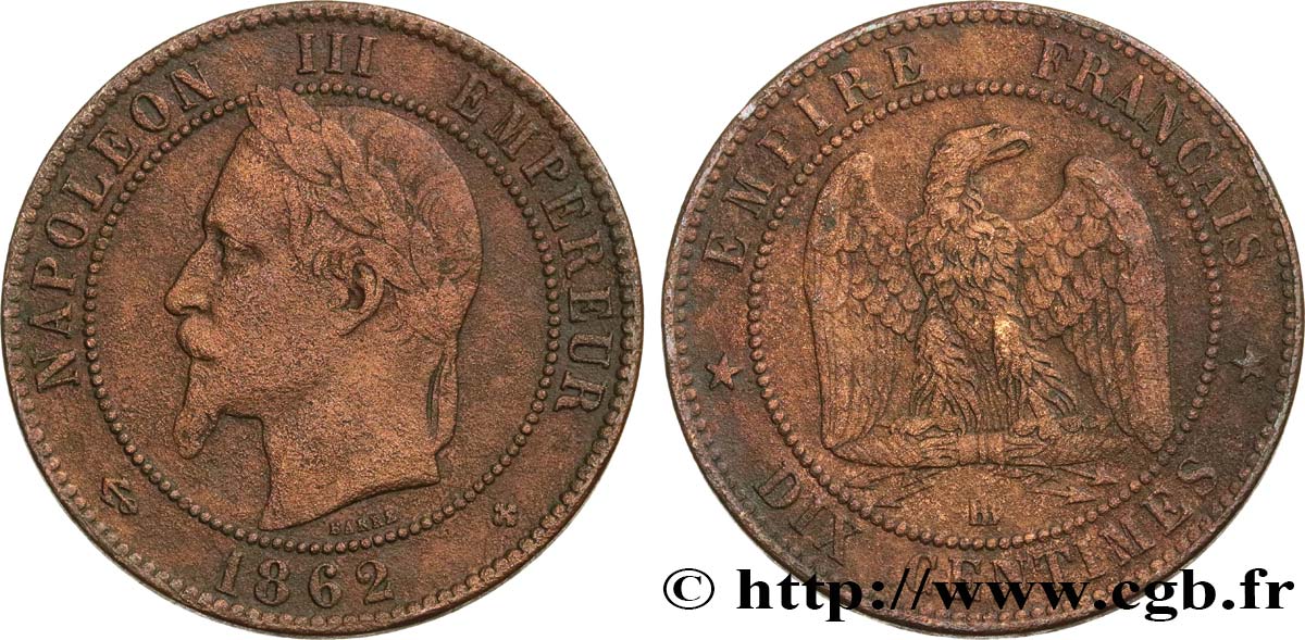 Dix centimes Napoléon III, tête laurée 1862 Strasbourg F.134/8 TB30 