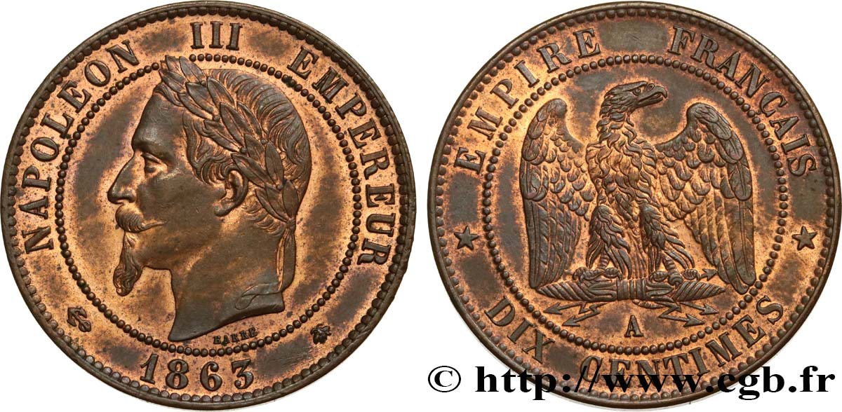 Dix centimes Napoléon III, tête laurée 1863 Paris F.134/10 TTB+ 