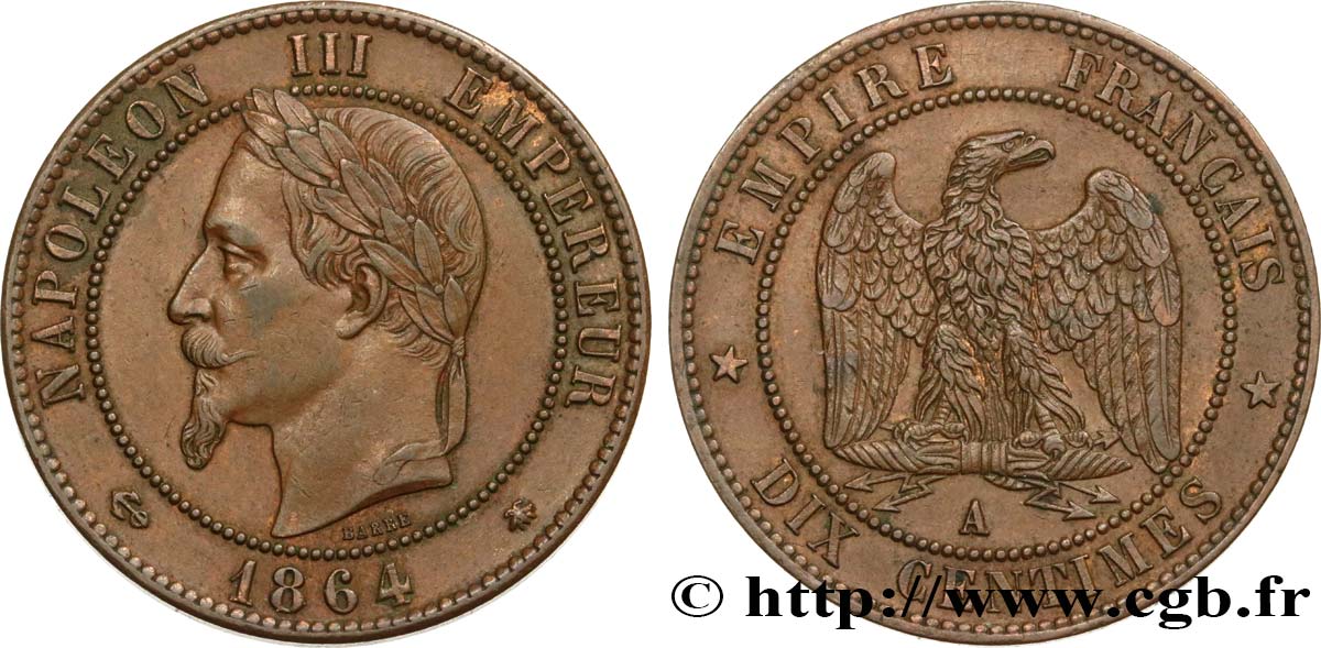 Dix centimes Napoléon III, tête laurée 1864 Paris F.134/13 XF48 