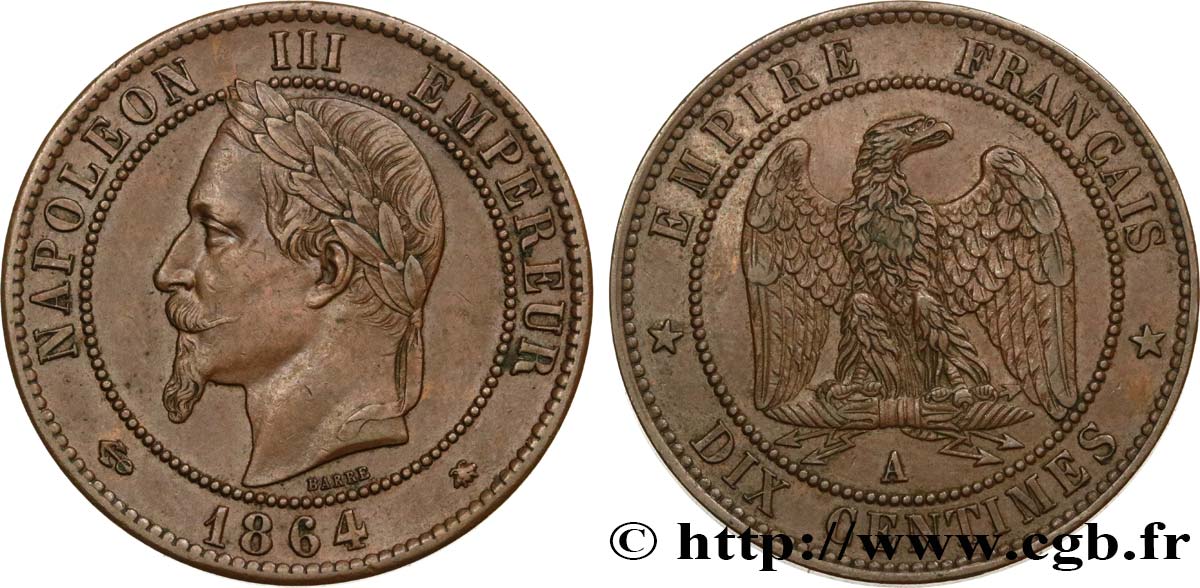 Dix centimes Napoléon III, tête laurée 1864 Paris F.134/13 TTB48 