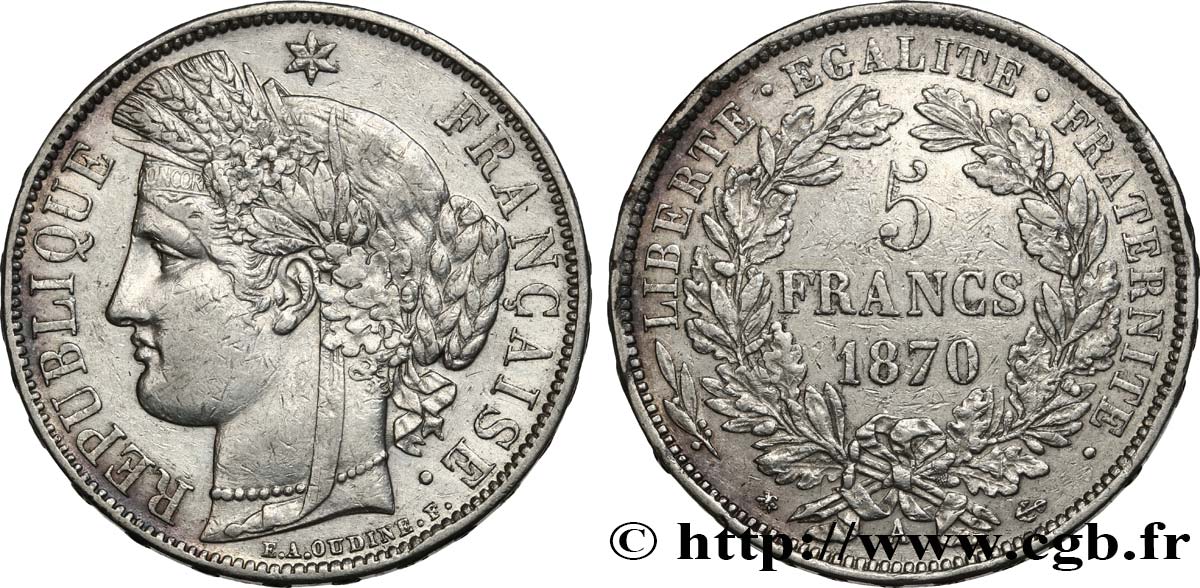 5 francs Cérès, avec légende 1870 Paris F.333/1 SS 