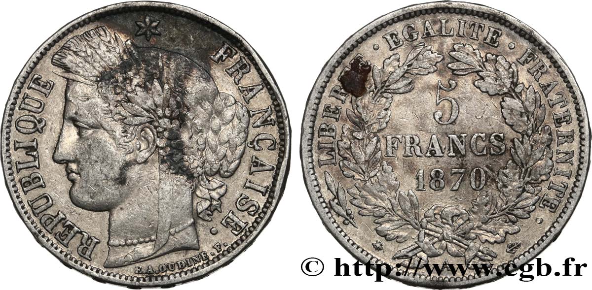 5 francs Cérès, avec légende 1870 Paris F.333/1 TB+ 
