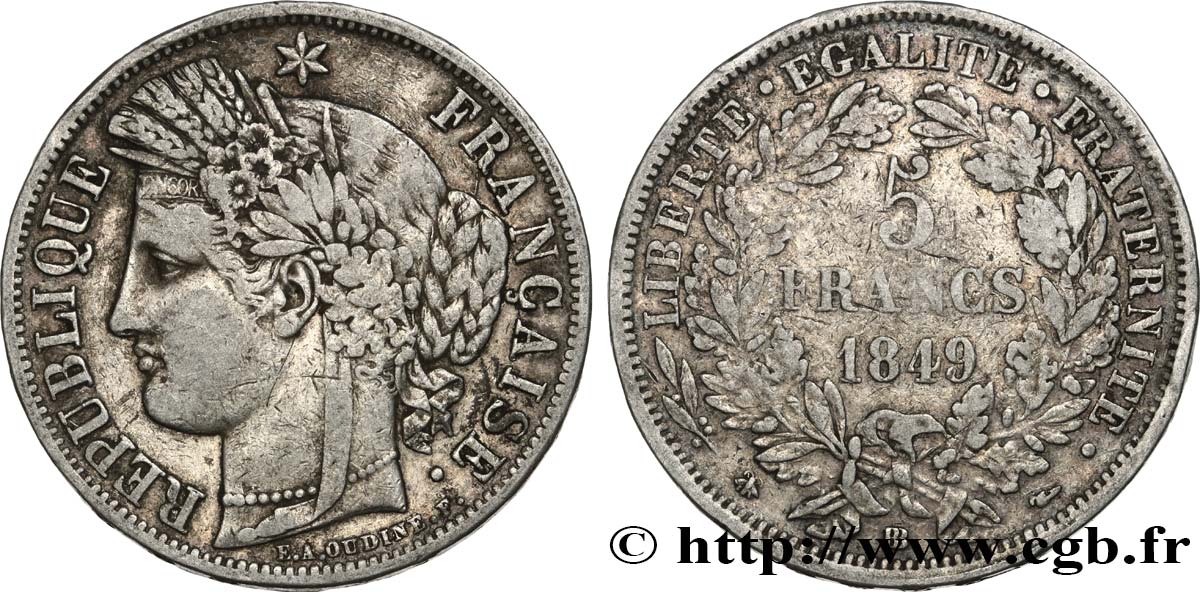 5 francs Cérès, IIe République 1849 Strasbourg F.327/3 VF 