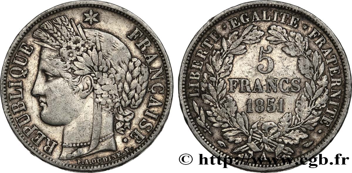 5 francs Cérès, IIe République 1851 Paris F.327/7 S 