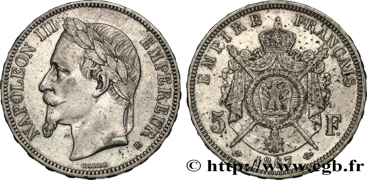 5 francs Napoléon III, tête laurée 1867 Strasbourg F.331/11 MBC 