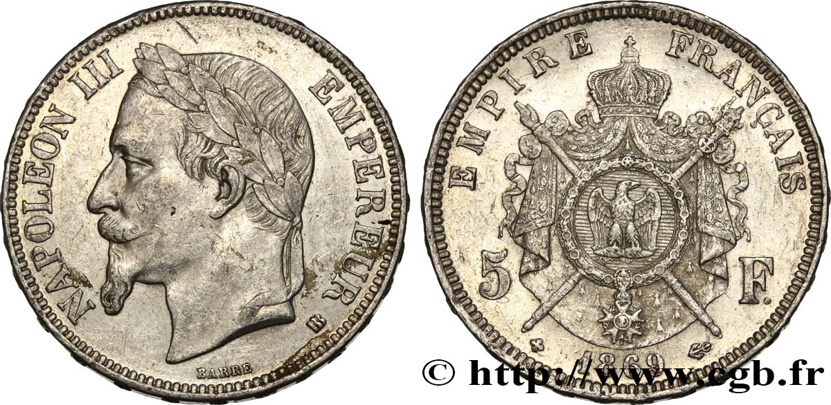 5 francs Napoléon III, tête laurée 1869 Strasbourg F.331/15 AU 