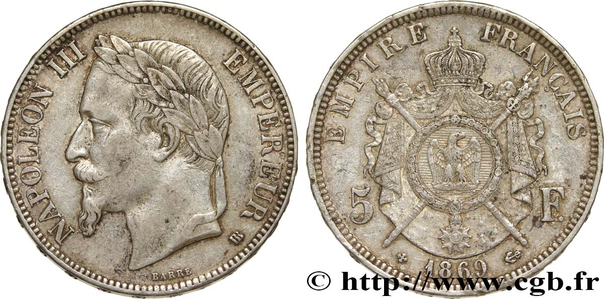 5 francs Napoléon III, tête laurée 1869 Strasbourg F.331/15 SS 