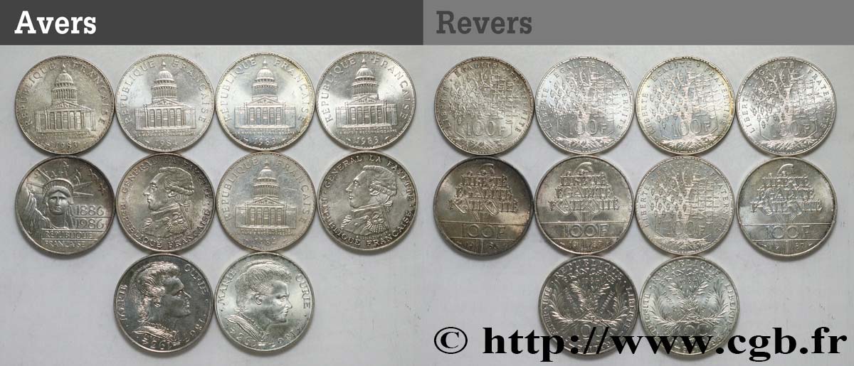 Lot de 10 pièces de 100 francs commémoratives - - F.-/ TTB 