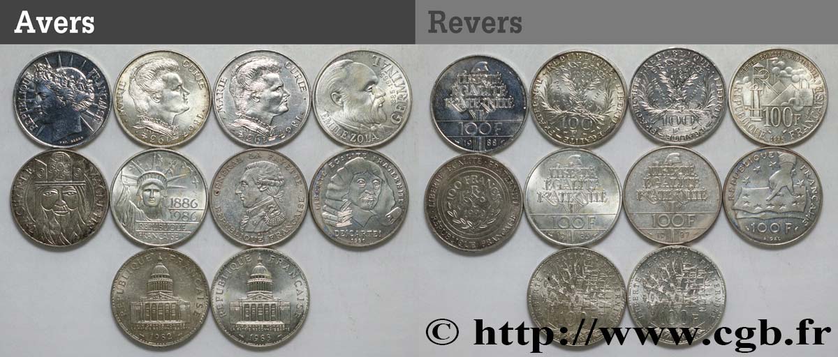 Lot de 10 pièces de 100 francs commémoratives - - F.-/ TTB 