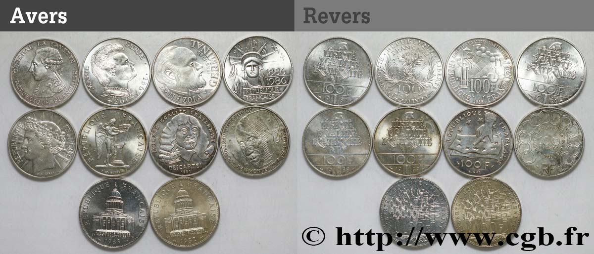 Lot de 10 pièces de 100 francs commémoratives - - F.-/ SS 