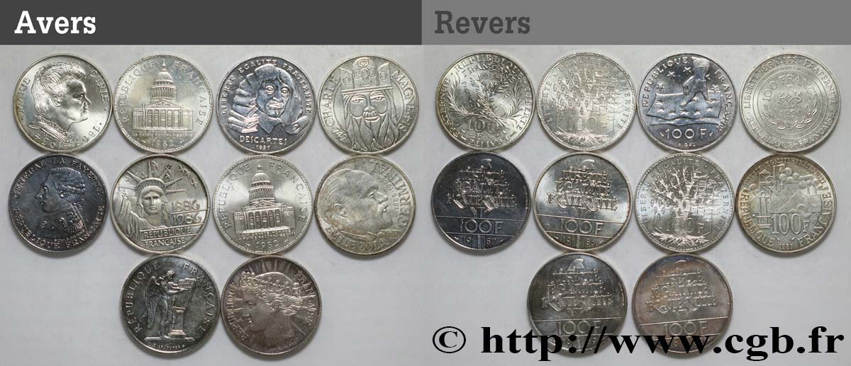 Lot de 10 pièces de 100 francs commémoratives - - F.-/ TTB 