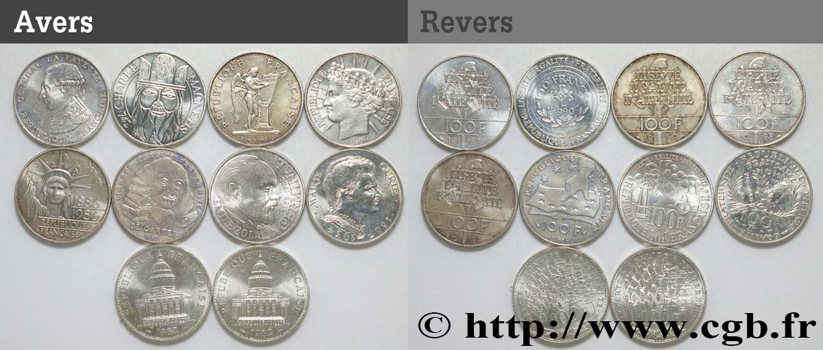 Lot de 10 pièces de 100 francs commémoratives - - F.-/ TTB 