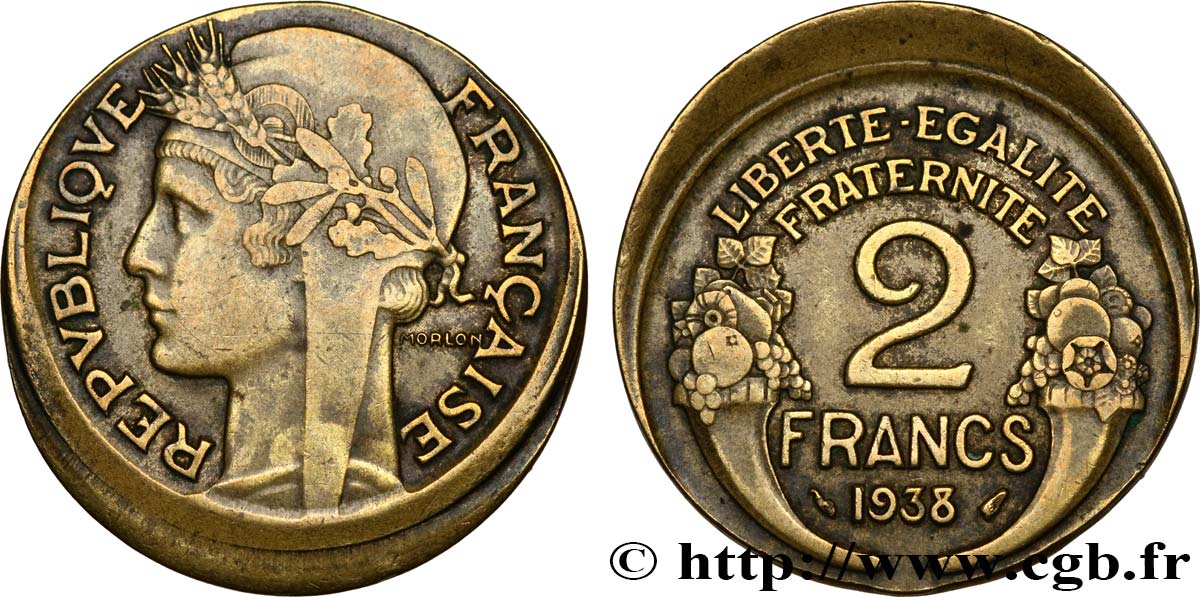 2 francs Morlon, Fautée Hors Virole en Casquette 1938  F.268/11 var. VF 