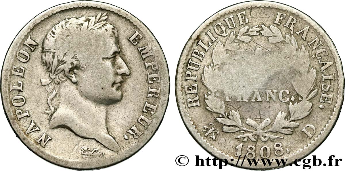 1 franc Napoléon Ier tête laurée, République française 1808 Lyon F.204/5 RC+ 