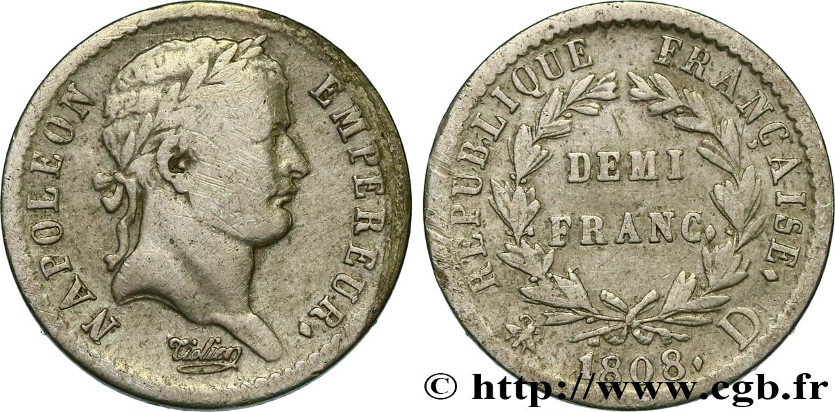 Demi-franc Napoléon Ier tête laurée, République française 1808 Lyon F.177/5 MB 