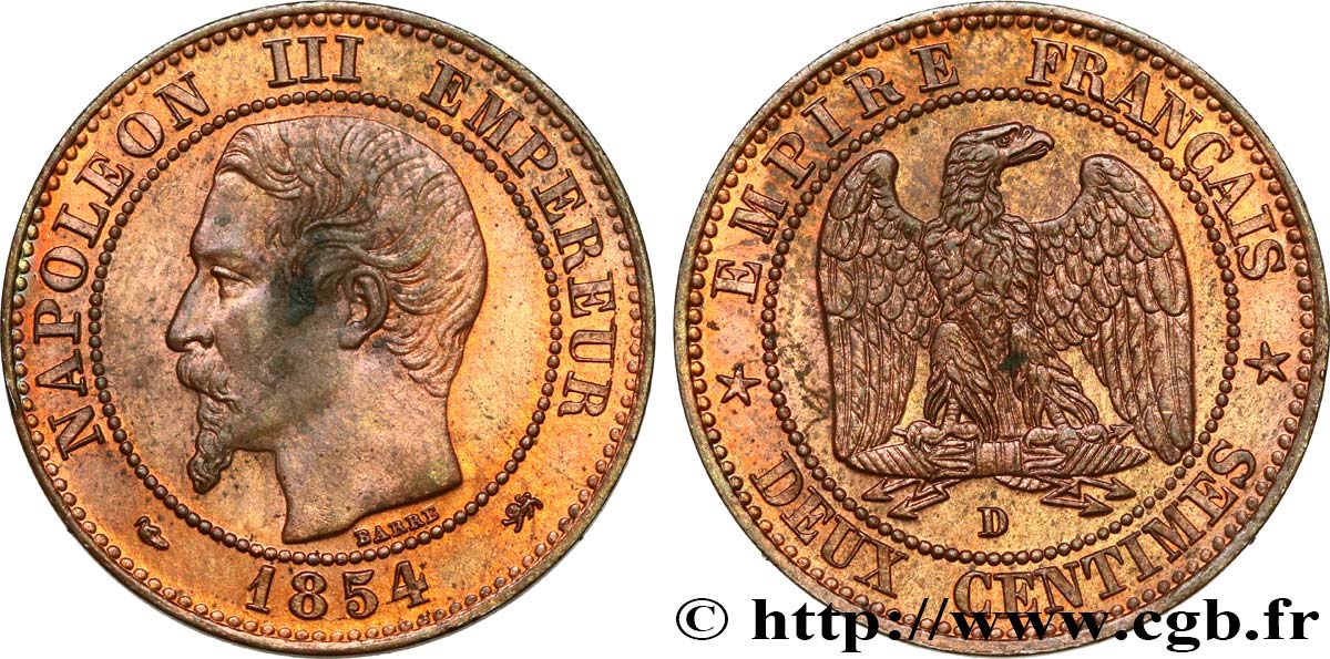 Deux centimes Napoléon III, tête nue 1854 Lyon F.107/15 VZ62 