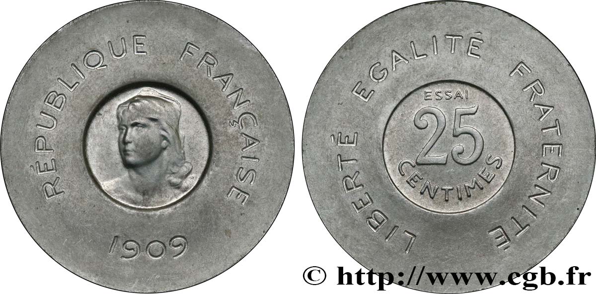 Essai de 25 centimes Rude en aluminium 1909 Paris GEM.65 2 MS64 