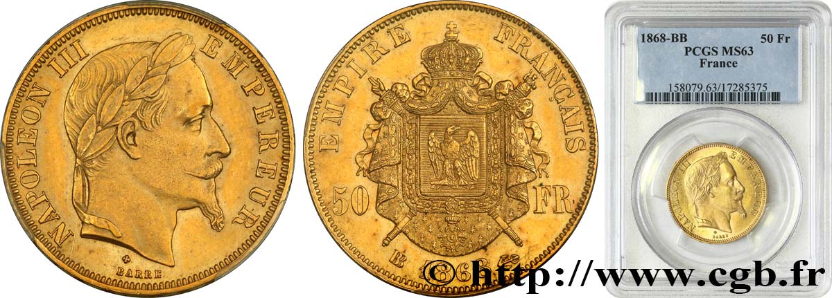 50 francs or Napoléon III, tête laurée 1868 Strasbourg F.548/11 MS63 PCGS