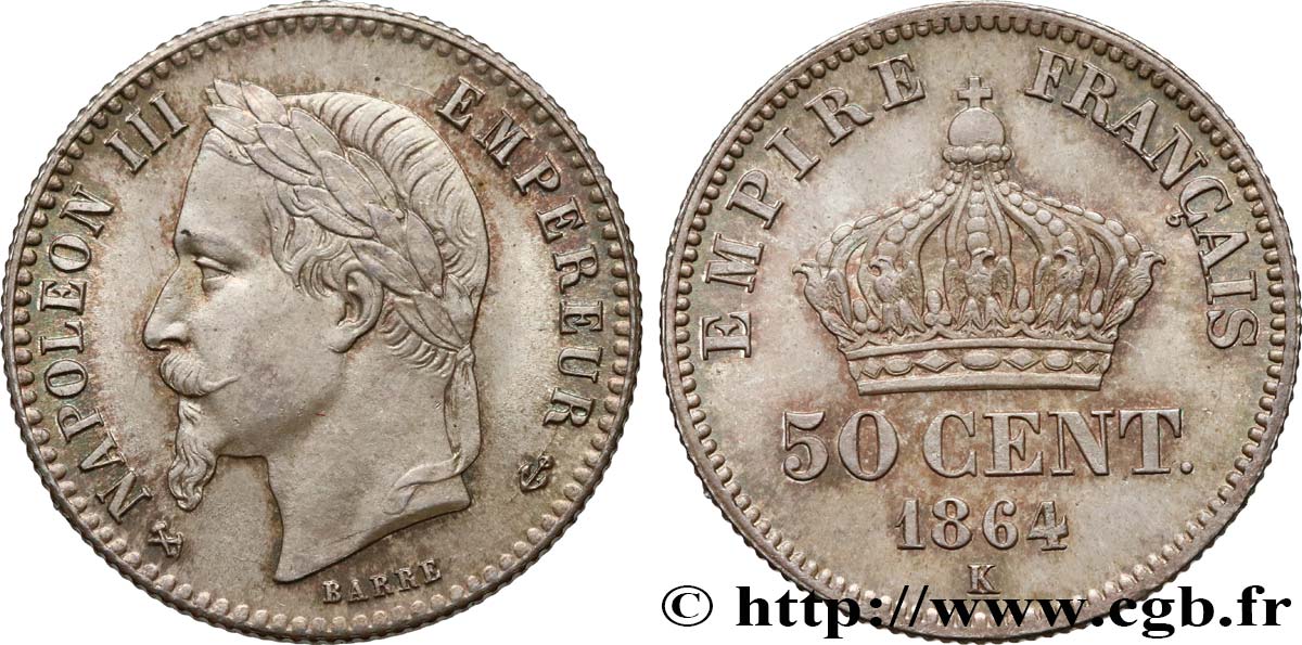 50 centimes Napoléon III, tête laurée 1864 Bordeaux F.188/4 MS63 