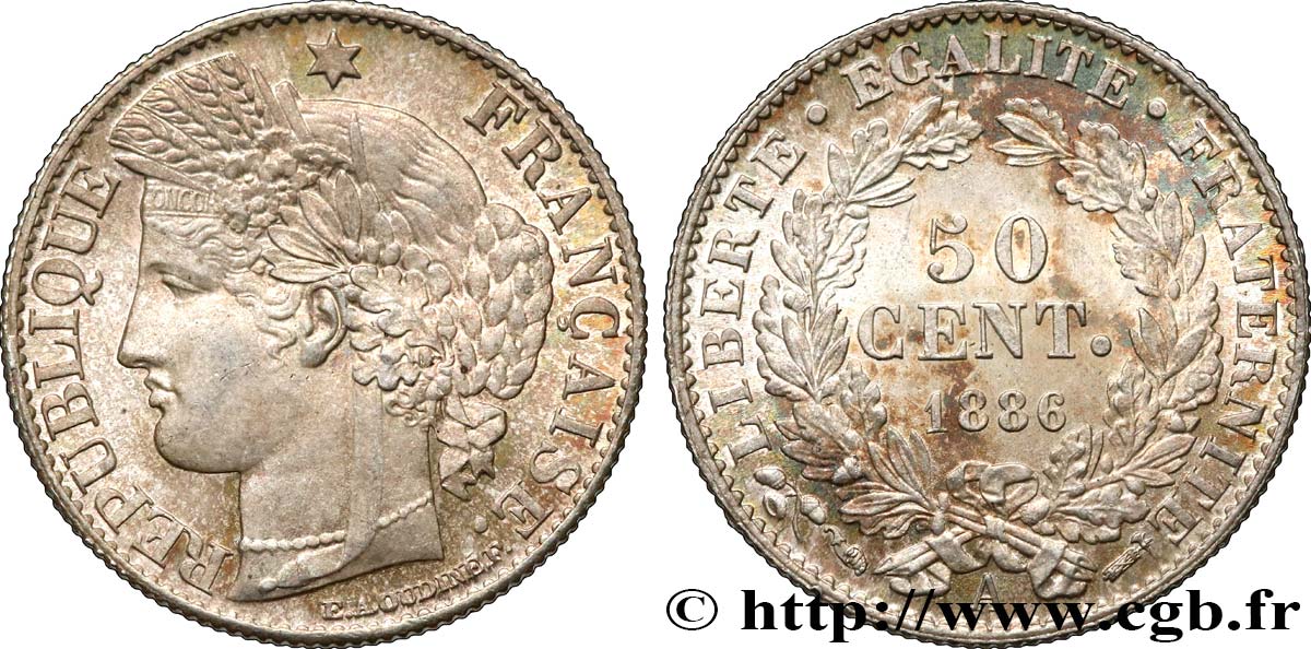 50 centimes Cérès, IIIe République 1886 Paris F.189/11 SPL64 