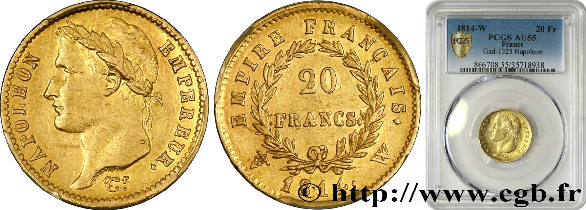 20 francs or Napoléon tête laurée, Empire français 1814 Lille F.516/42 AU55 PCGS