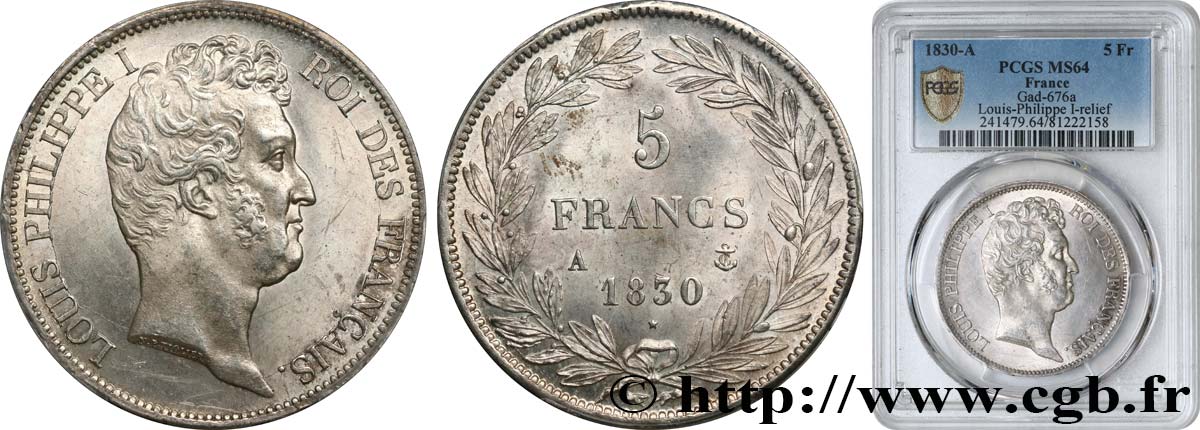 5 francs type Tiolier avec le I, tranche en relief 1830 Paris F.316/1 SC64 PCGS