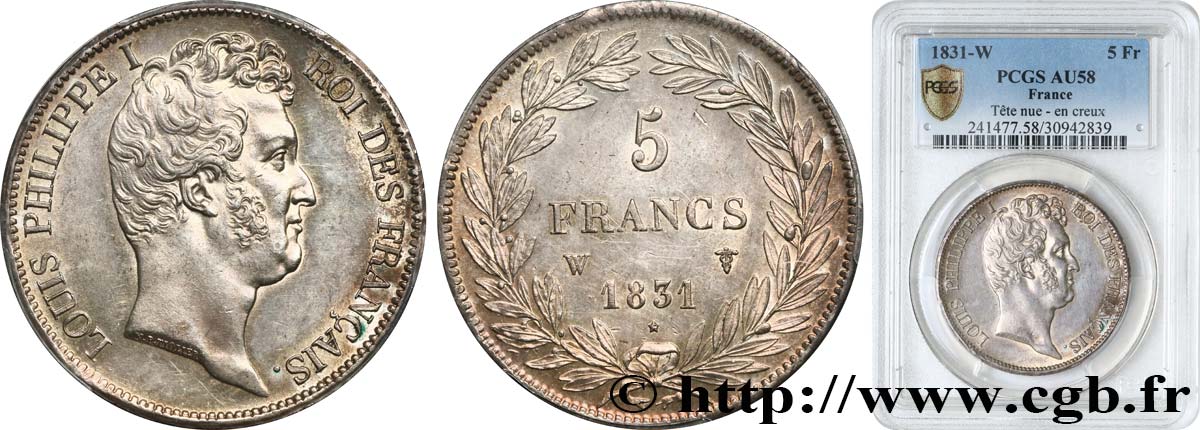 5 francs type Tiolier avec le I, tranche en creux 1831 Lille F.315/27 SPL58 PCGS