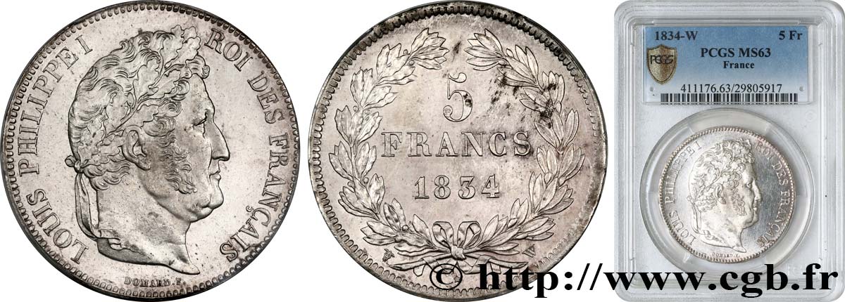 5 francs IIe type Domard 1834 Lille F.324/41 SPL63 PCGS