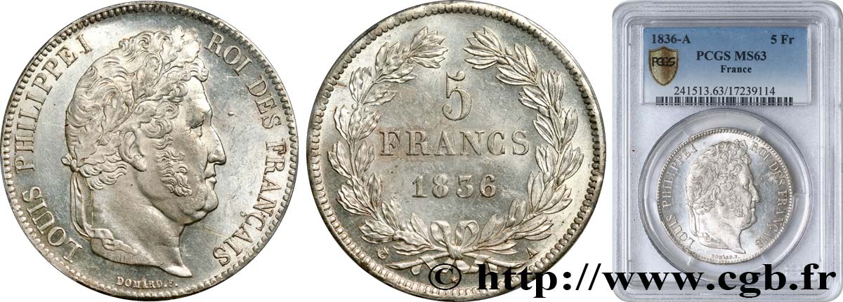 5 francs IIe type Domard 1836 Paris F.324/53 MS63 PCGS