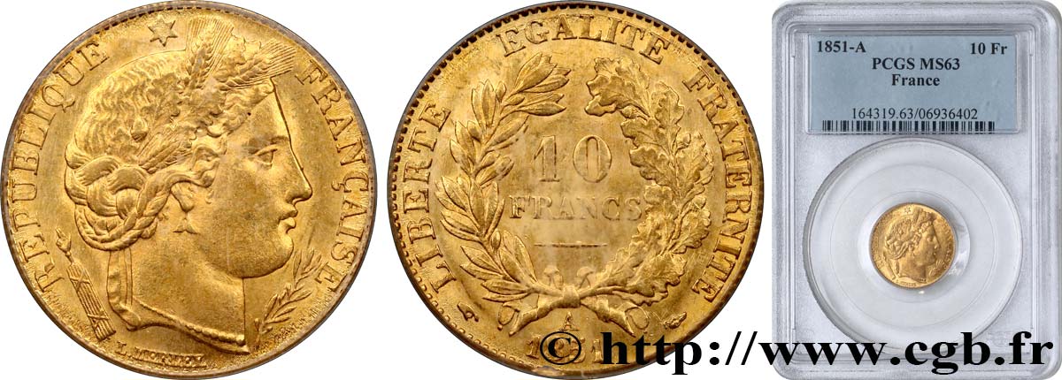 10 francs or Cérès, IIe République 1851 Paris F.504/3 SC63 PCGS