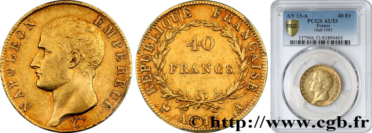 40 francs or Napoléon tête nue, Calendrier révolutionnaire 1805 Paris F.537/1 MBC53 PCGS