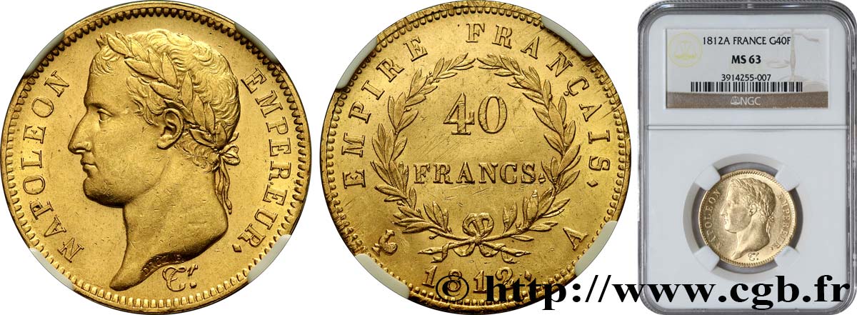 40 francs or Napoléon tête laurée, Empire français 1812 Paris F.541/9 MS63 NGC
