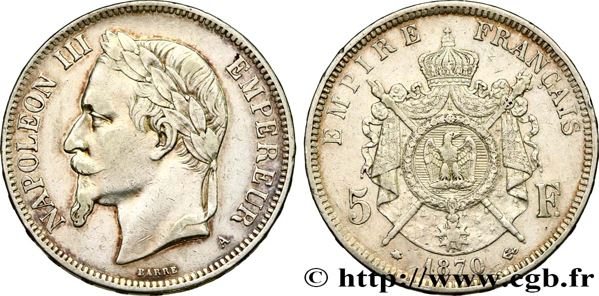 5 francs Napoléon III, tête laurée 1870 Paris F.331/16 fSS 