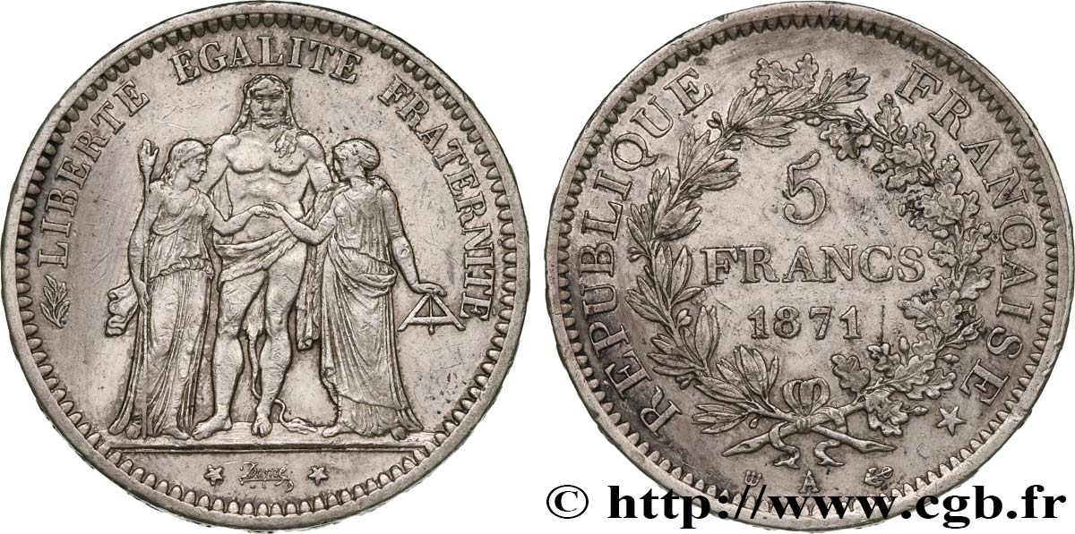 5 francs Hercule, dite “Camélinat” 1871 Paris F.334/3 XF40 