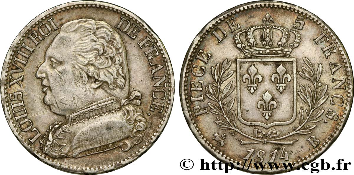 5 francs Louis XVIII, buste habillé 1814 Rouen F.308/2 AU 