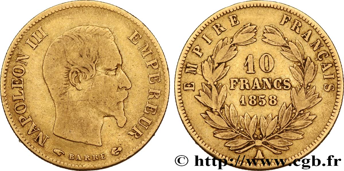 10 francs or Napoléon III, tête nue, grand module 1858 Paris F.506/5 BC25 