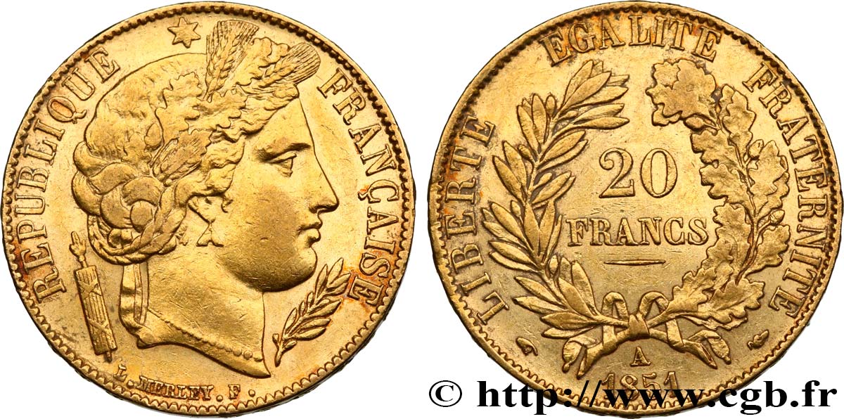 20 francs or Cérès 1851 Paris F.529/4 AU52 