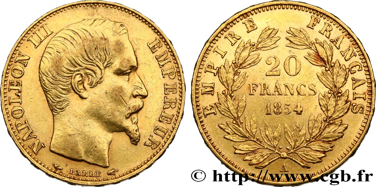 20 francs or Napoléon III, tête nue 1854 Paris F.531/2 SS48 