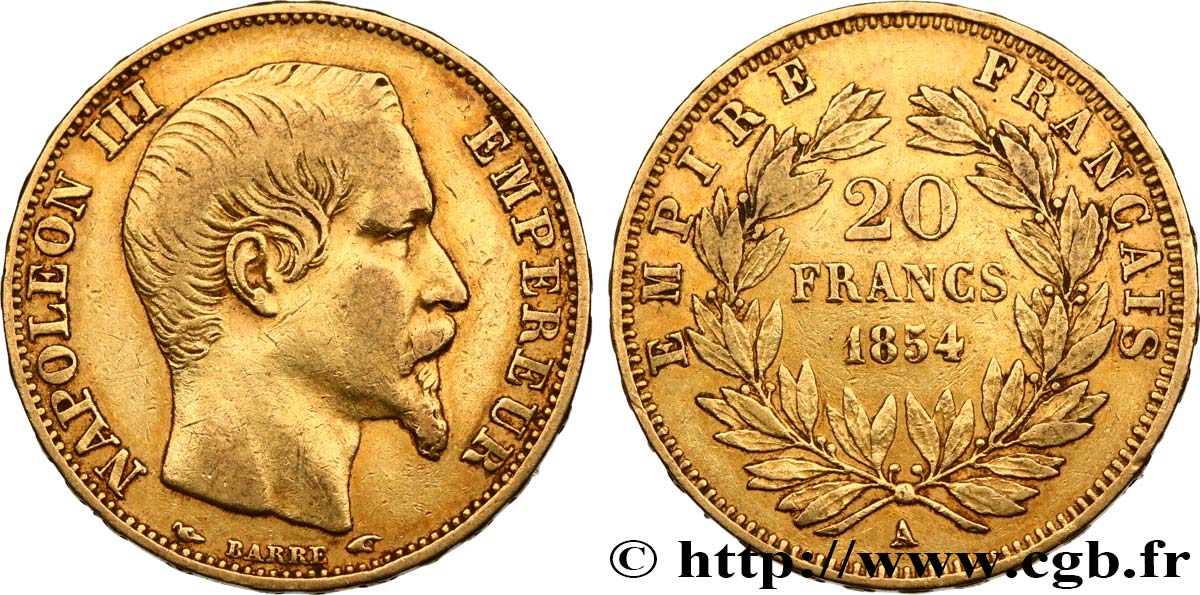 20 francs or Napoléon III, tête nue 1854 Paris F.531/2 BC+ 