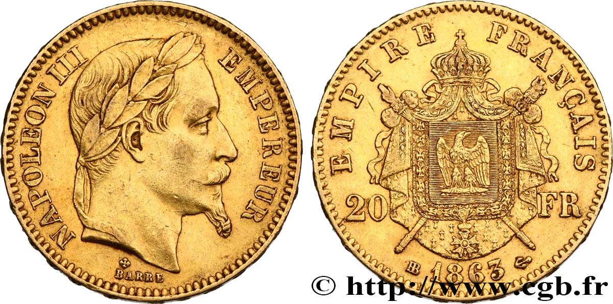 20 francs or Napoléon III, tête laurée 1863 Strasbourg F.532/7 AU52 