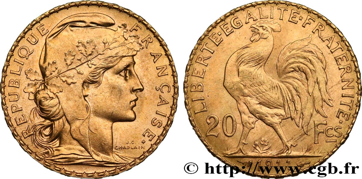 20 francs or Coq, Liberté Égalité Fraternité 1911  F.535/5 SPL+ 