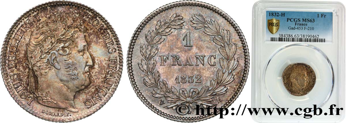 1 franc Louis-Philippe, couronne de chêne 1832 La Rochelle F.210/5 fST63 PCGS