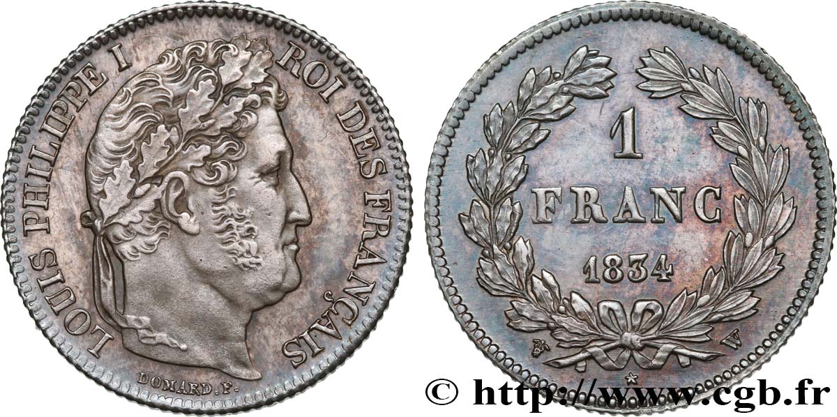 1 franc Louis-Philippe, couronne de chêne 1834 Lille F.210/39 EBC+ 