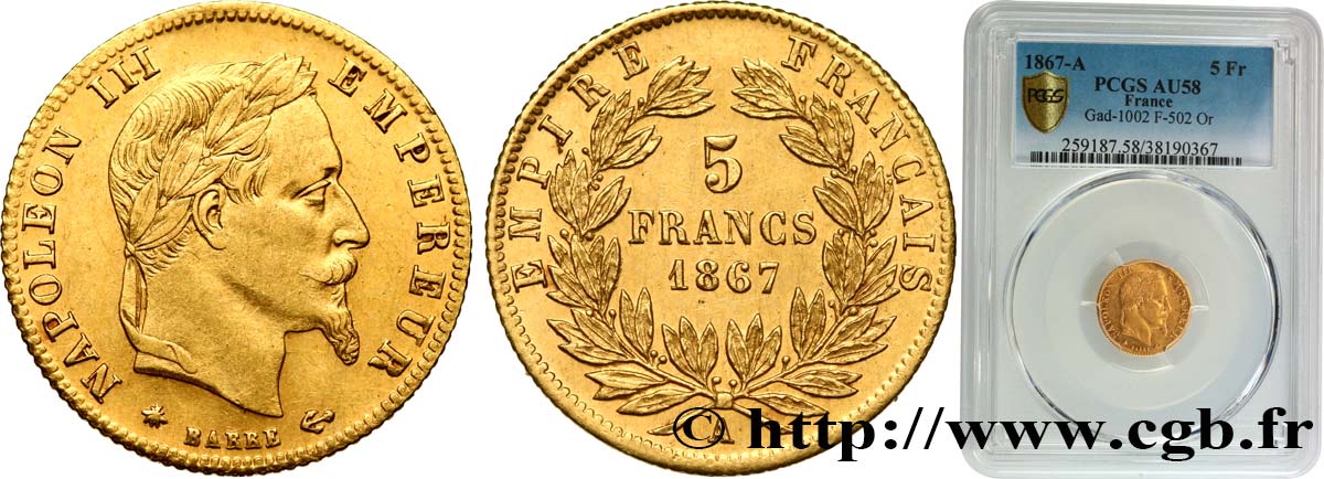 5 francs or Napoléon III, tête laurée 1867 Paris F.502/11 VZ58 PCGS