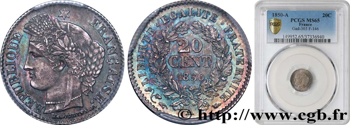 20 centimes Cérès, IIe République 1850 Paris F.146/2 MS65 PCGS