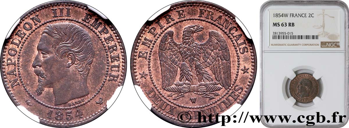 Deux centimes Napoléon III, tête nue 1854 Lille F.107/18 MS63 NGC