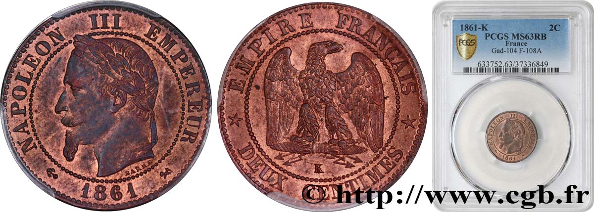 Deux centimes Napoléon III, tête laurée 1861 Bordeaux F.108A/3 MS63 PCGS
