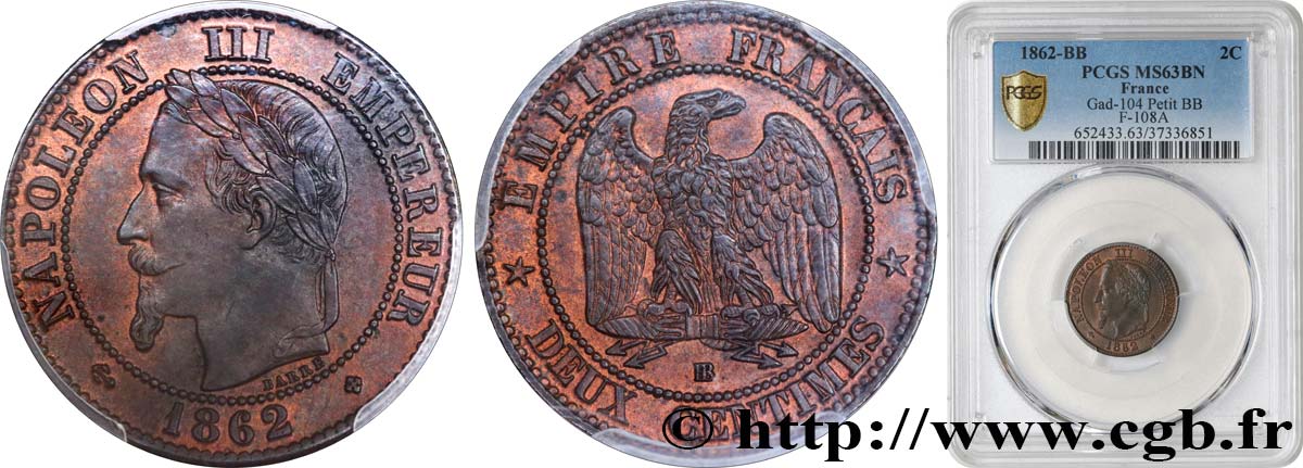 Deux centimes Napoléon III, tête laurée, buste définitif 1862 Strasbourg F.108A/5 fST63 PCGS
