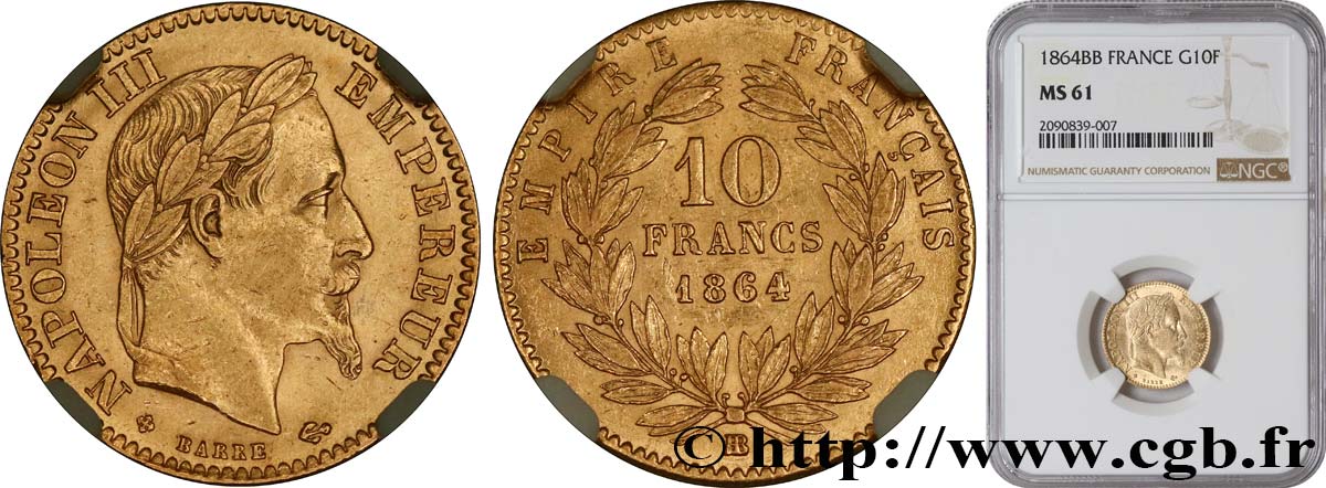 10 francs or Napoléon III, tête laurée 1864 Strasbourg F.507A/7 MS61 NGC