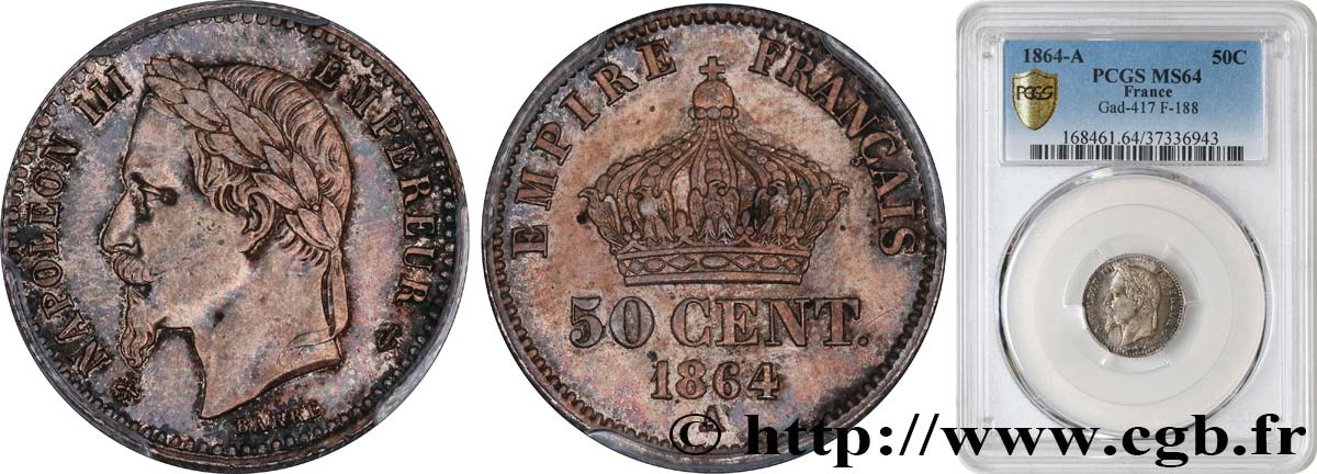 50 centimes Napoléon III, tête laurée 1864 Paris F.188/2 fST64 PCGS